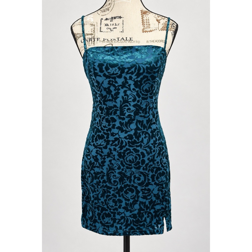 Burnout Velvet Mini Dress M Teal Whimsigoth Fairy Grunge Y2K Holiday Party Lulus
